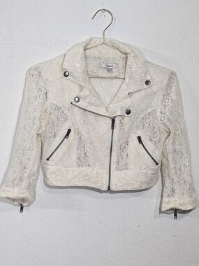 Y2K Dani Ivory Lace Moto Jacket Women's Sz  M Cropped 3/4 Sleeve Biker Boho Chic